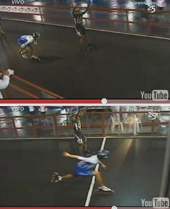 스케이터 선수가 결승선을 코앞에 두고 세레모니를 펼치다 우승을 놓친 모습